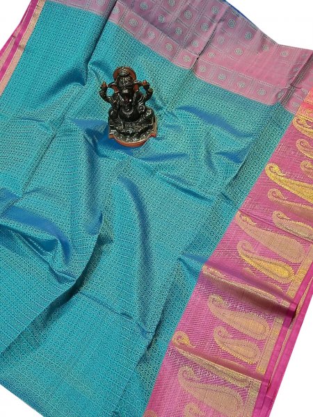 Tiffany blue and pink kora silk saree with kuppatam border